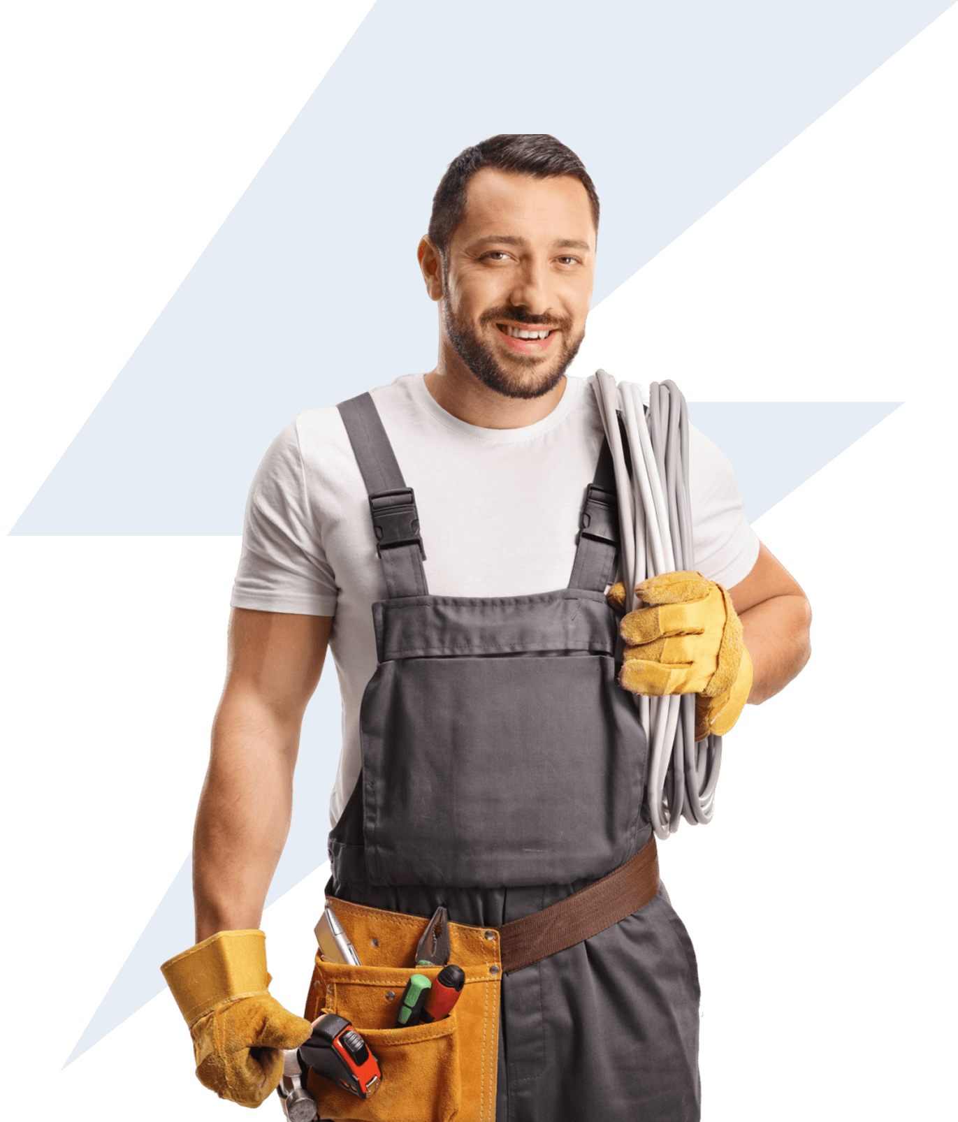 Electrician holding cables with tools belt.